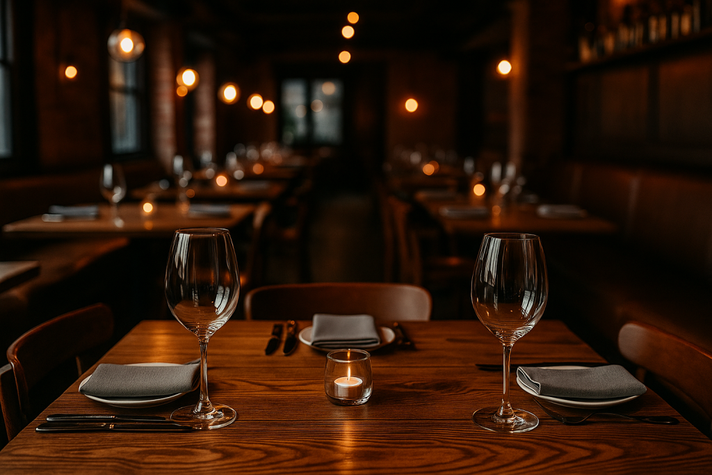 Restauranginteriör med rustika träbord, vinglas och tända ljus – symboliserar Borås bästa restauranger 2025
