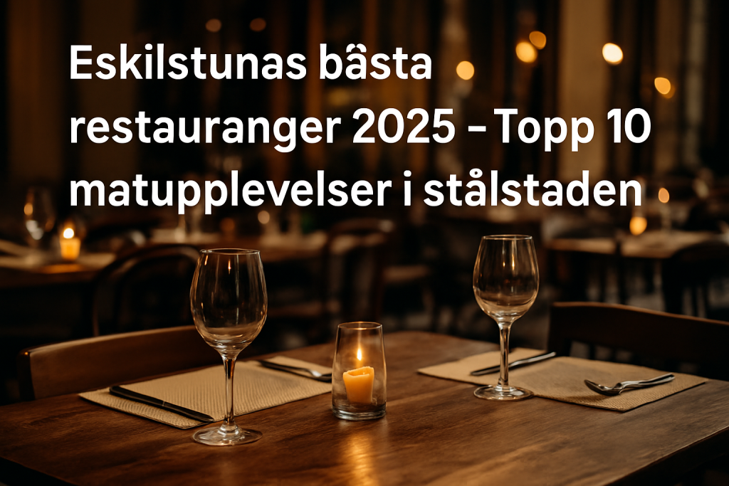 Rustik restaurangmiljö i Eskilstuna med dukat bord, vinglas och tända ljus – symboliserar Eskilstunas bästa restauranger 2025