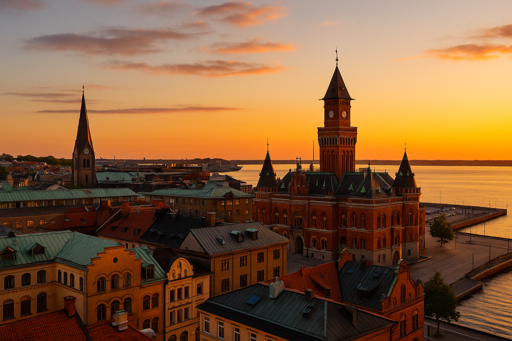 Vy över Helsingborg i kvällsljus med rådhuset, kyrktorn och havet i bakgrunden