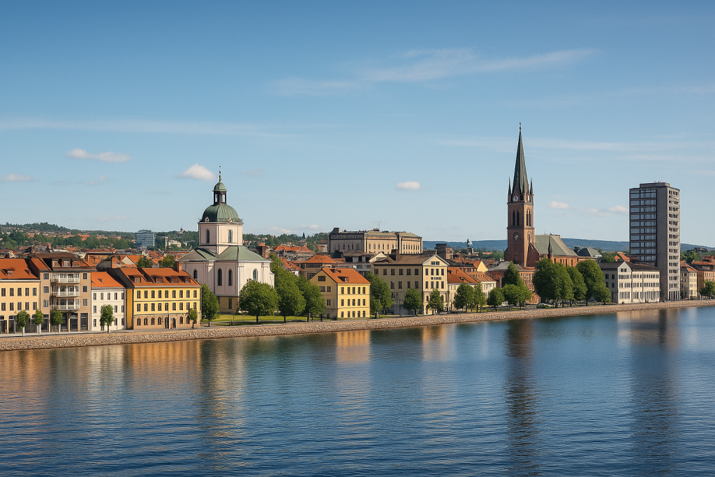 Vy över Jönköping med kyrkor, stadshus och sjön Vättern i förgrunden