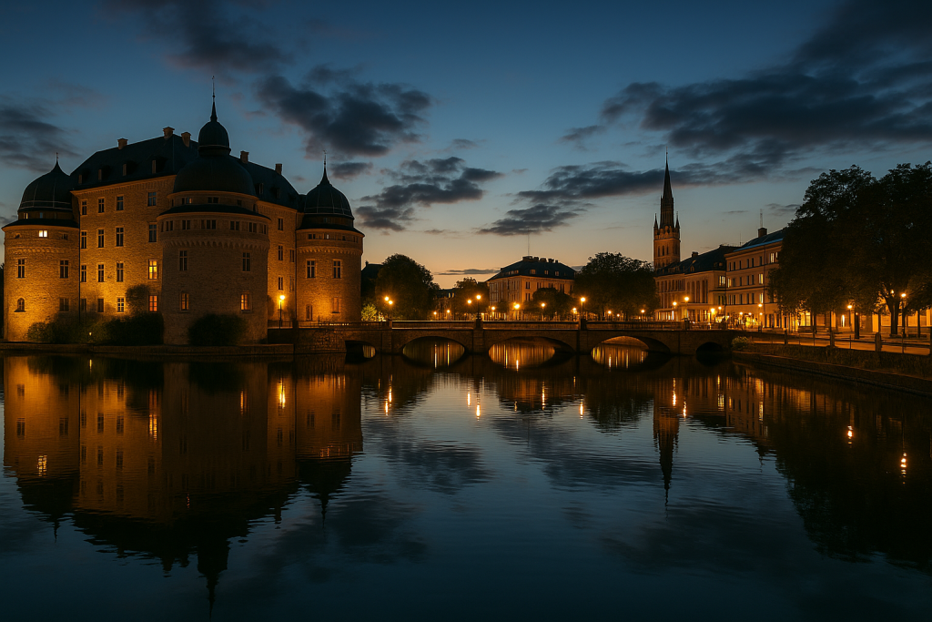 Kvällsbild över Örebro med slottet, en stenbro och stadens ljus speglade i Svartån