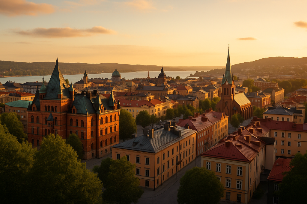 Vy över Sundsvall i kvällsljus med historiska byggnader och kyrktorn
