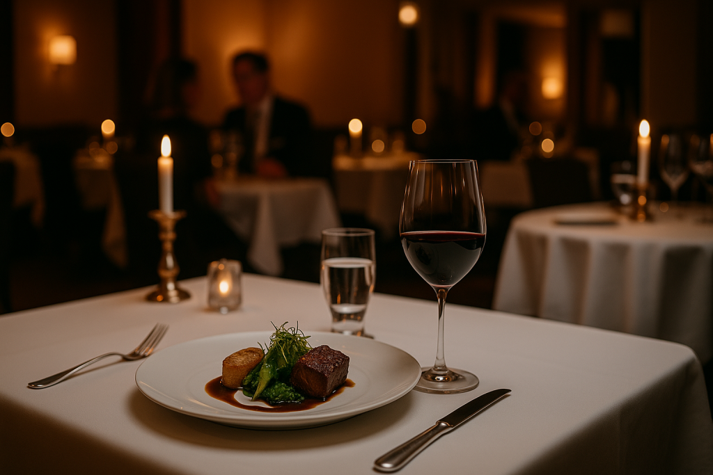 En elegant tallrik med finmat, serverad med rödvin i ett mjukt upplyst fine dining-rum med vit duk och levande ljus