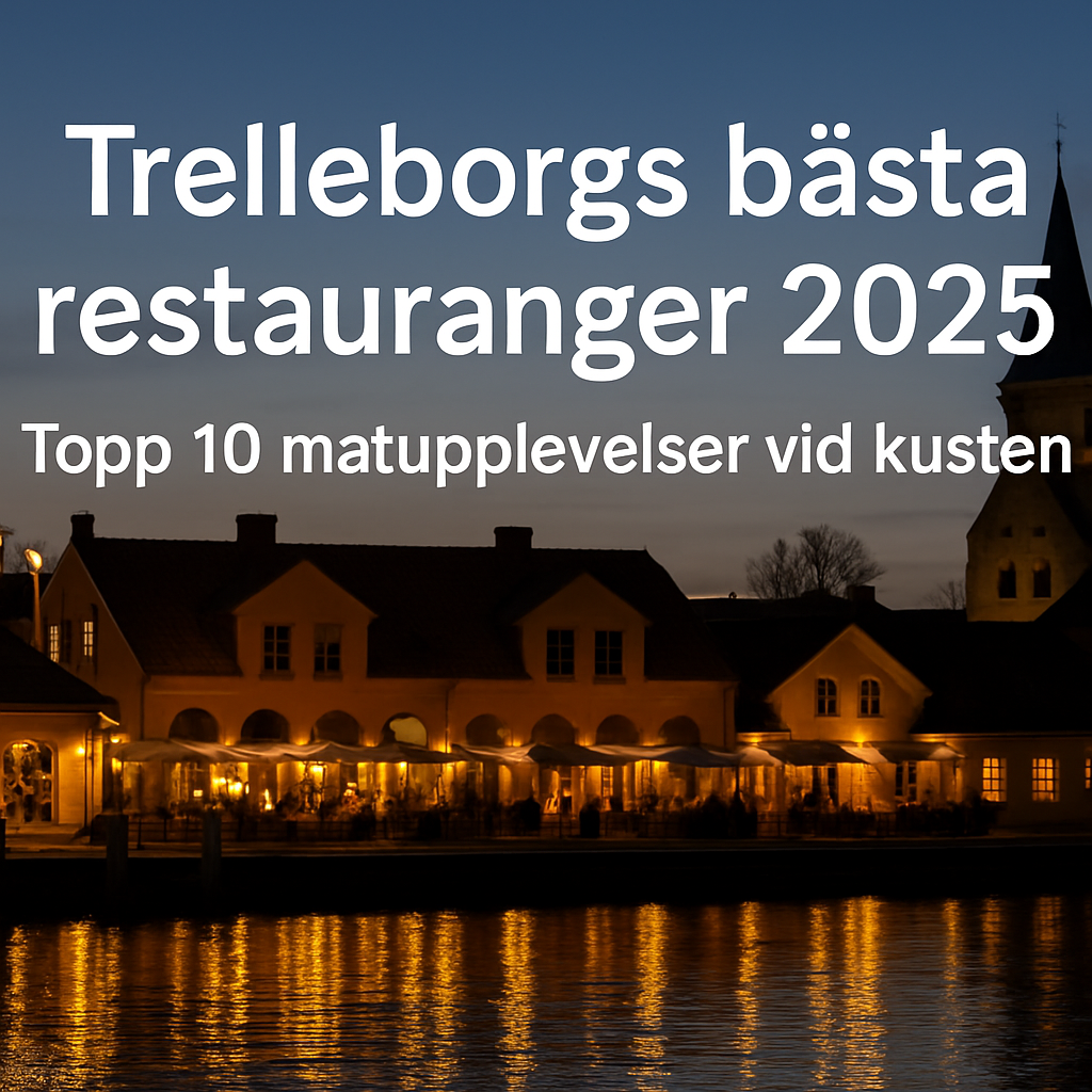 Kvällsbild över Trelleborgs hamnkvarter med upplysta restauranger och kyrktorn i bakgrunden