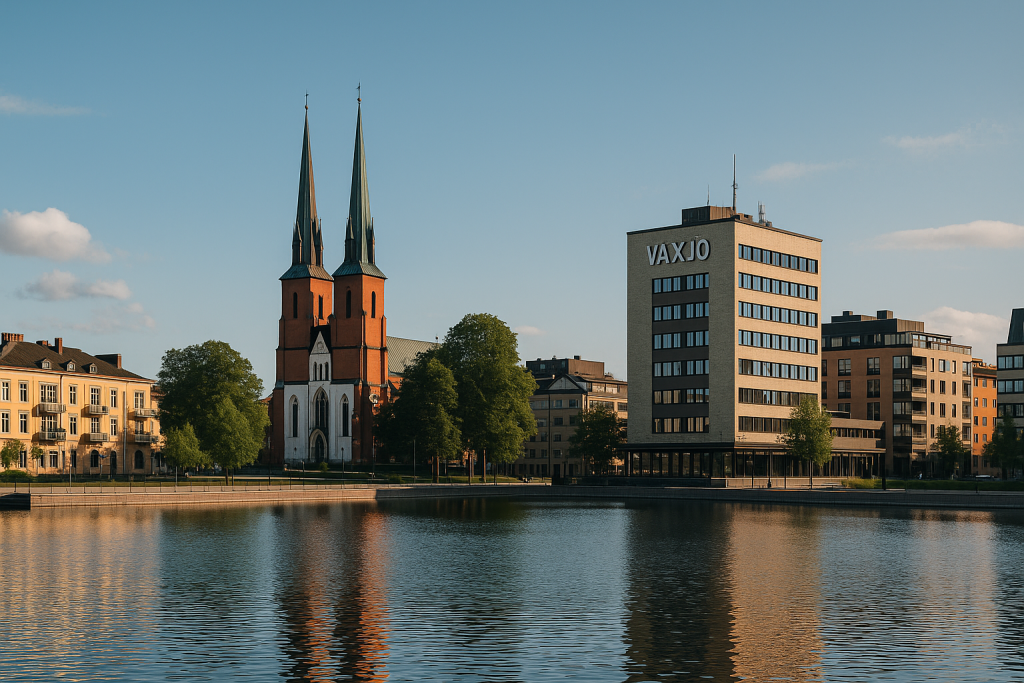 Vy över Växjö med katedralen och stadshuset speglade i sjön