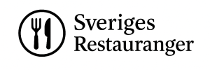 Logotyp för Sveriges Restauranger med kniv och gaffel i cirkel och text i två rader