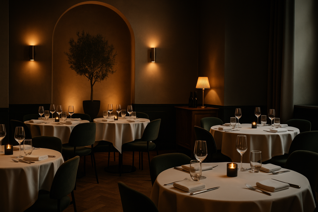 Elegant restaurangmiljö i Linköping med runda bord, vita dukar och mjuk belysning