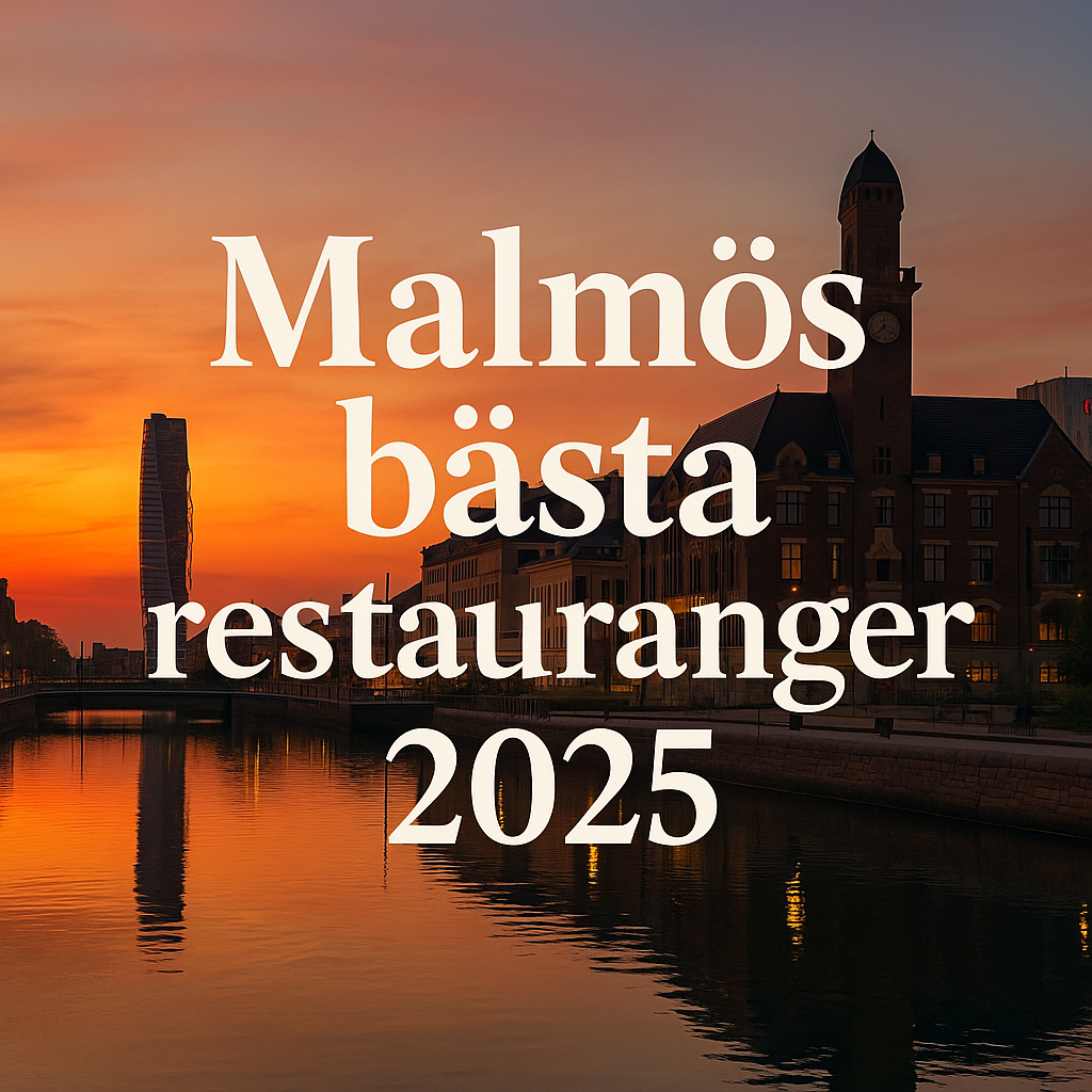 Solnedgång över Malmökanalen med Turning Torso och stadshuset i bakgrunden. Texten "Malmös bästa restauranger 2025" ligger centrerad över bilden.