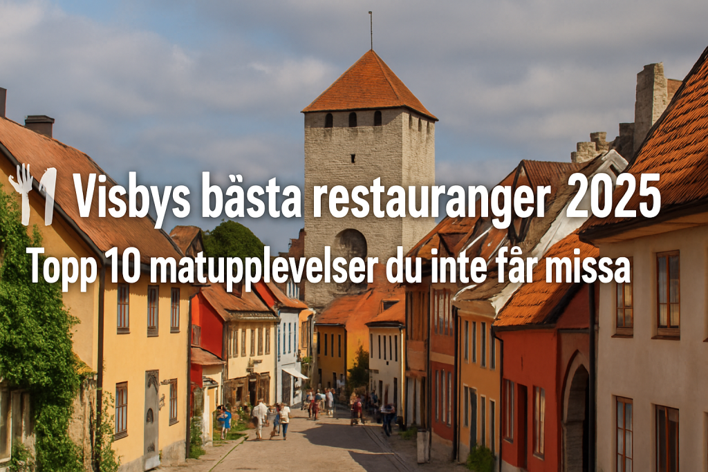 Vy över Visbys innerstad med rubrik om de bästa restaurangerna 2025